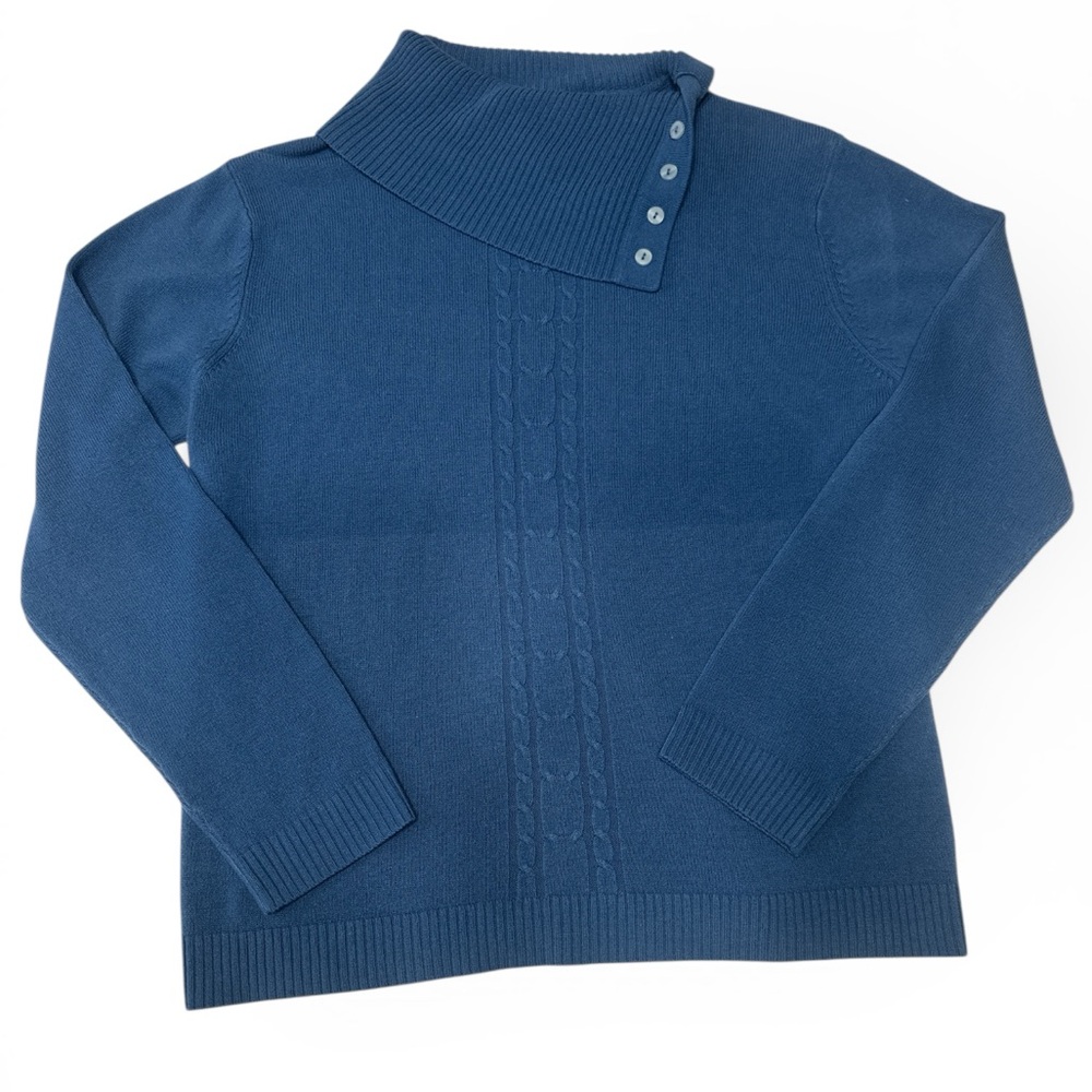 East West Blue Cable Knit Sweater Womenโs M/M Button Mock Neck Pullover